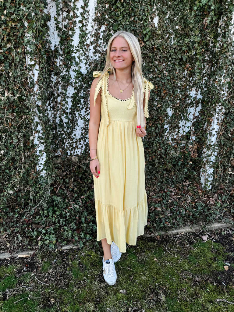 Scallop Eyelet Midi Dress - Yellow