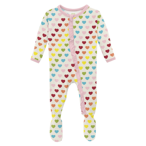 Print Classic Ruffle 2 Way Zip Footie - Rainbow Hearts