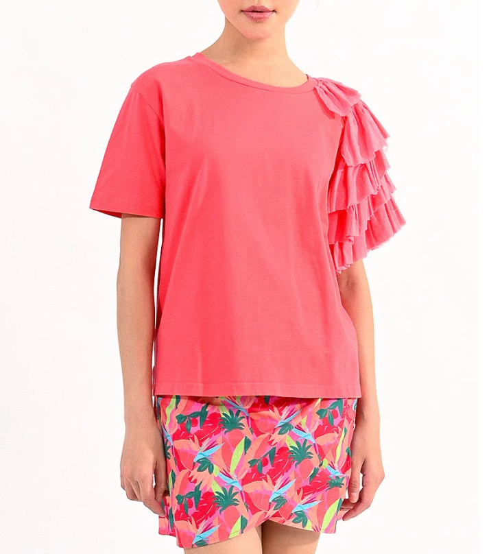 One Ruffled Shoulder - Pink