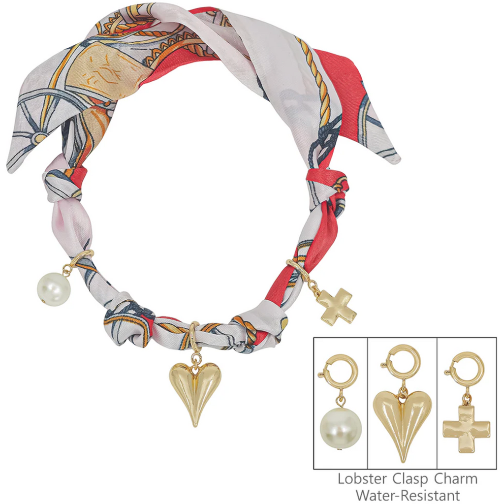 Red + White Scarf Necklace with 3 Charms