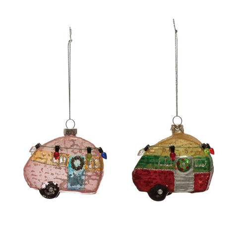 Hand Painted Mercury Glass Camper Ornament