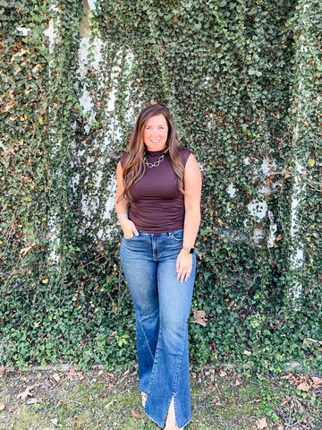 Yvie Extended Funnel Neck Tee - Dark Walnut