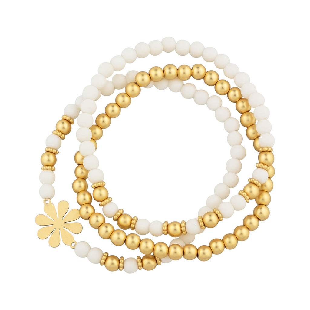 White Wood & gold flower bracelet set