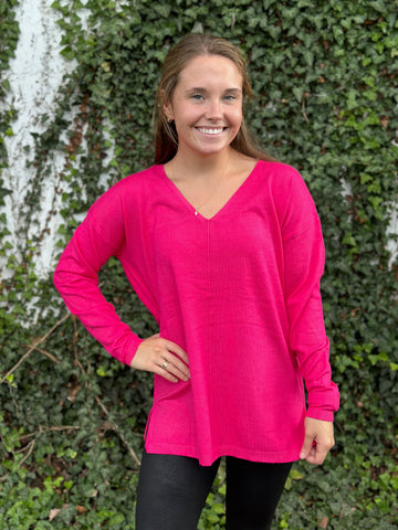 Your Favorite Vneck Sweater - Hot Pink