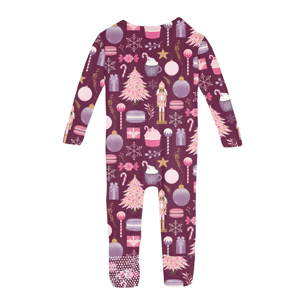 Print Layette 2 Way Zip Ruffle Footie.- Melody Sugar Plum