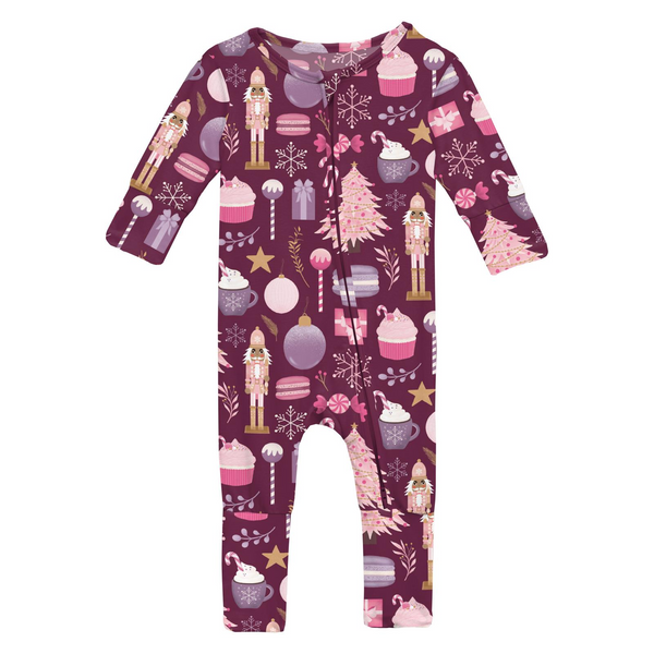 Print Layette 2 Way Zip Ruffle Footie.- Melody Sugar Plum