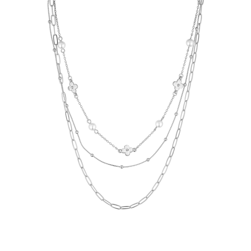 Silver Triple Layer  Pearl & Clover Necklace