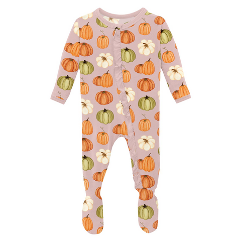 Print Ruffle Footie with 2 Way Zip - Baby Rose Pumpkin Patch