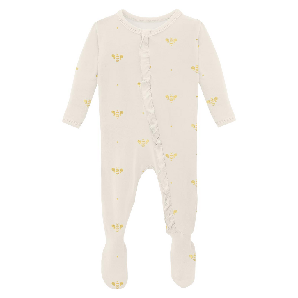 2 Way Print Zip Ruffle Footie - golden bees