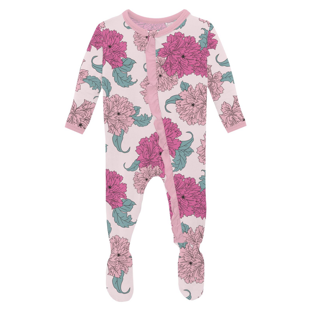 Print Ruffle Footie with 2 Way Zip - Shrinking Violet Peonies