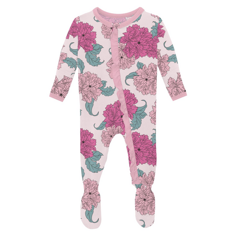 Print Ruffle Footie with 2 Way Zip - Shrinking Violet Peonies