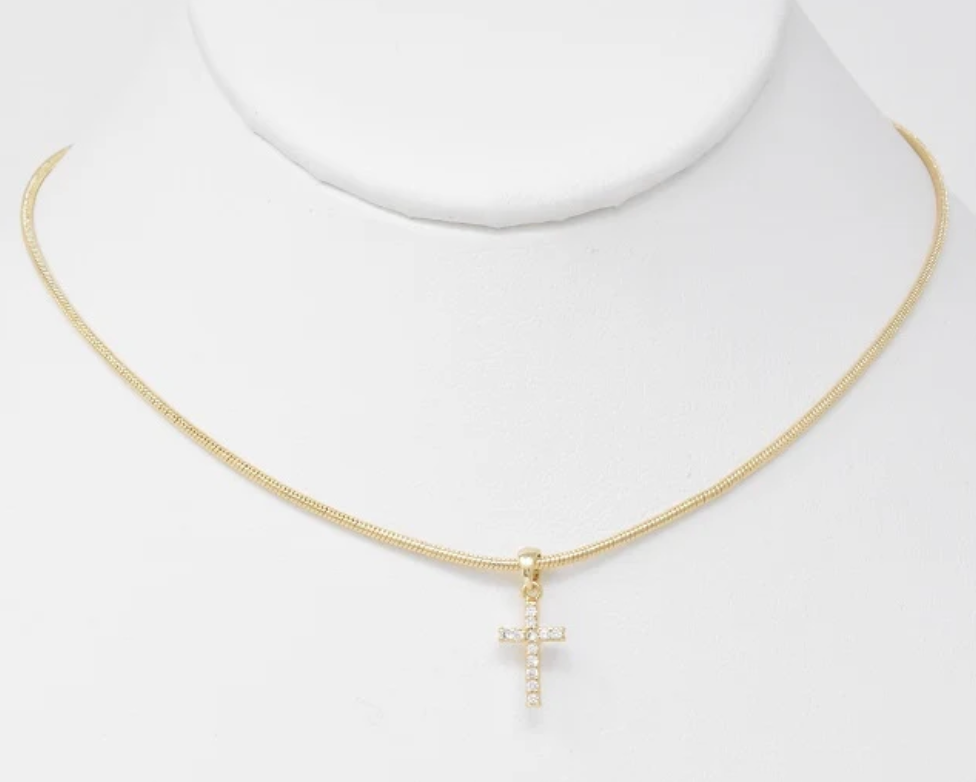 gold snake chain with rhinestone cross necklace