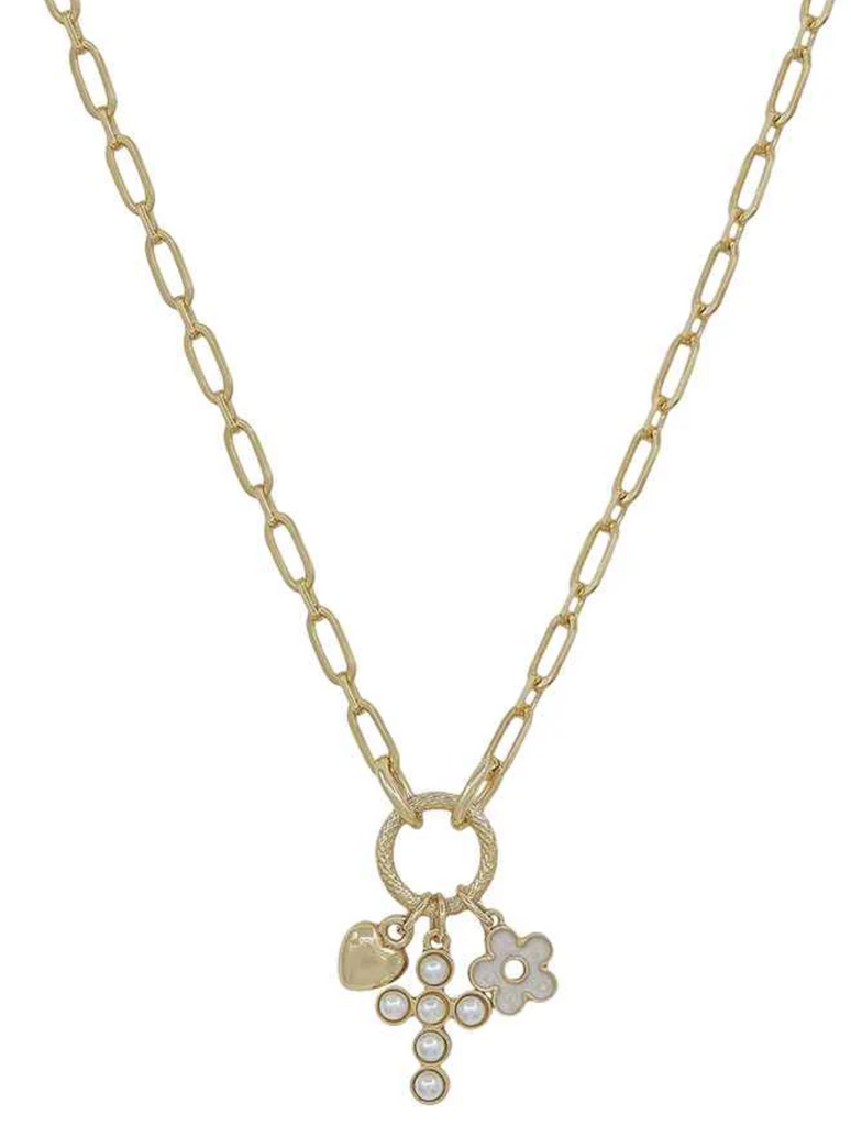 gold chain with cross heart and flower charms