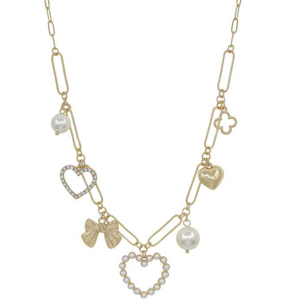 gold pearl heart charm necklace