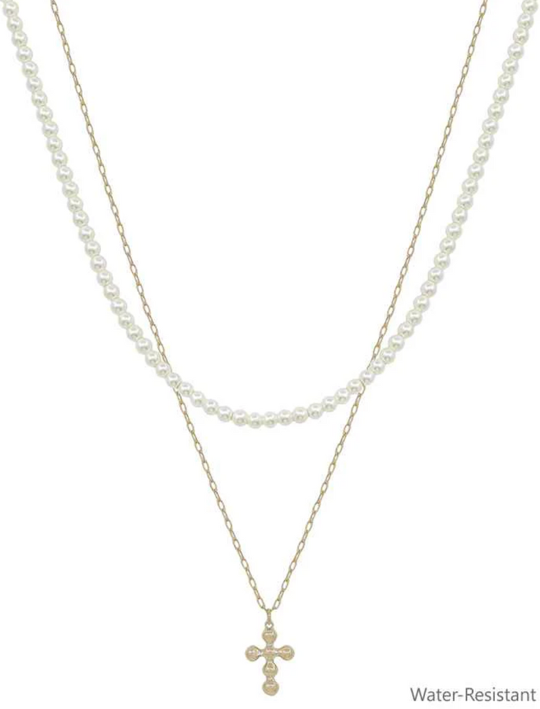 pearl beaded chain with cross necklace