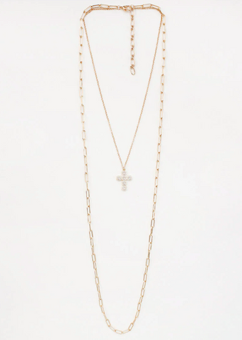 Layered Rhinestone Cross Necklace