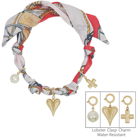 Red + White Scarf Necklace with 3 Charms
