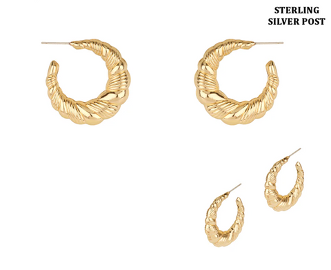 gold hammered hoop with sterling silver post