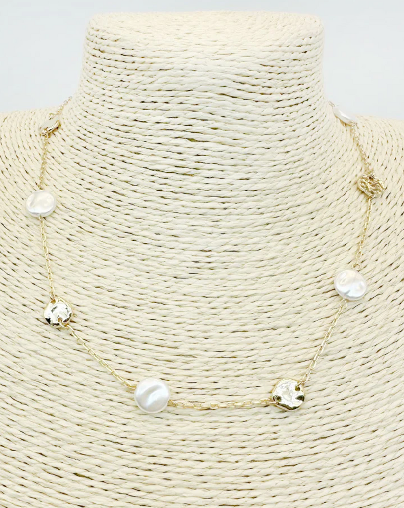hammered gold coin and pearl necklace