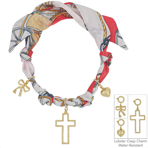 red knotted scarf necklace with 3 removeable charms