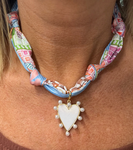 blue with pink knotted scarf necklace with pearlized charm