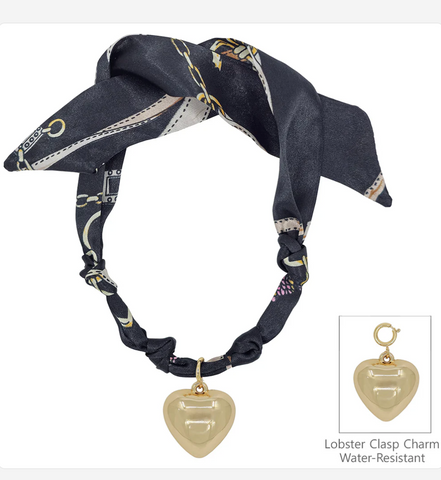 black knotted scarf necklace with puffy heart charm
