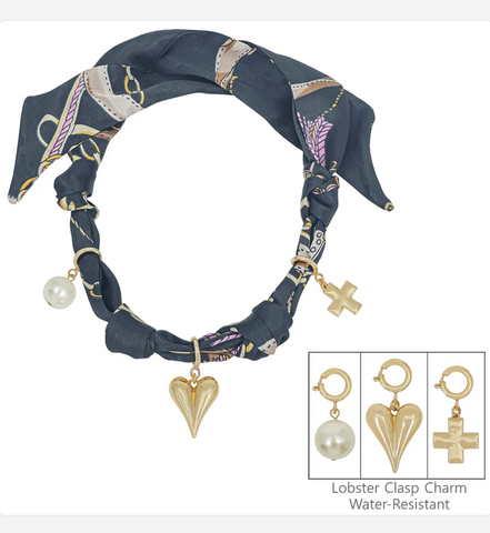 black knotted scarf necklace with 3 removeable charms