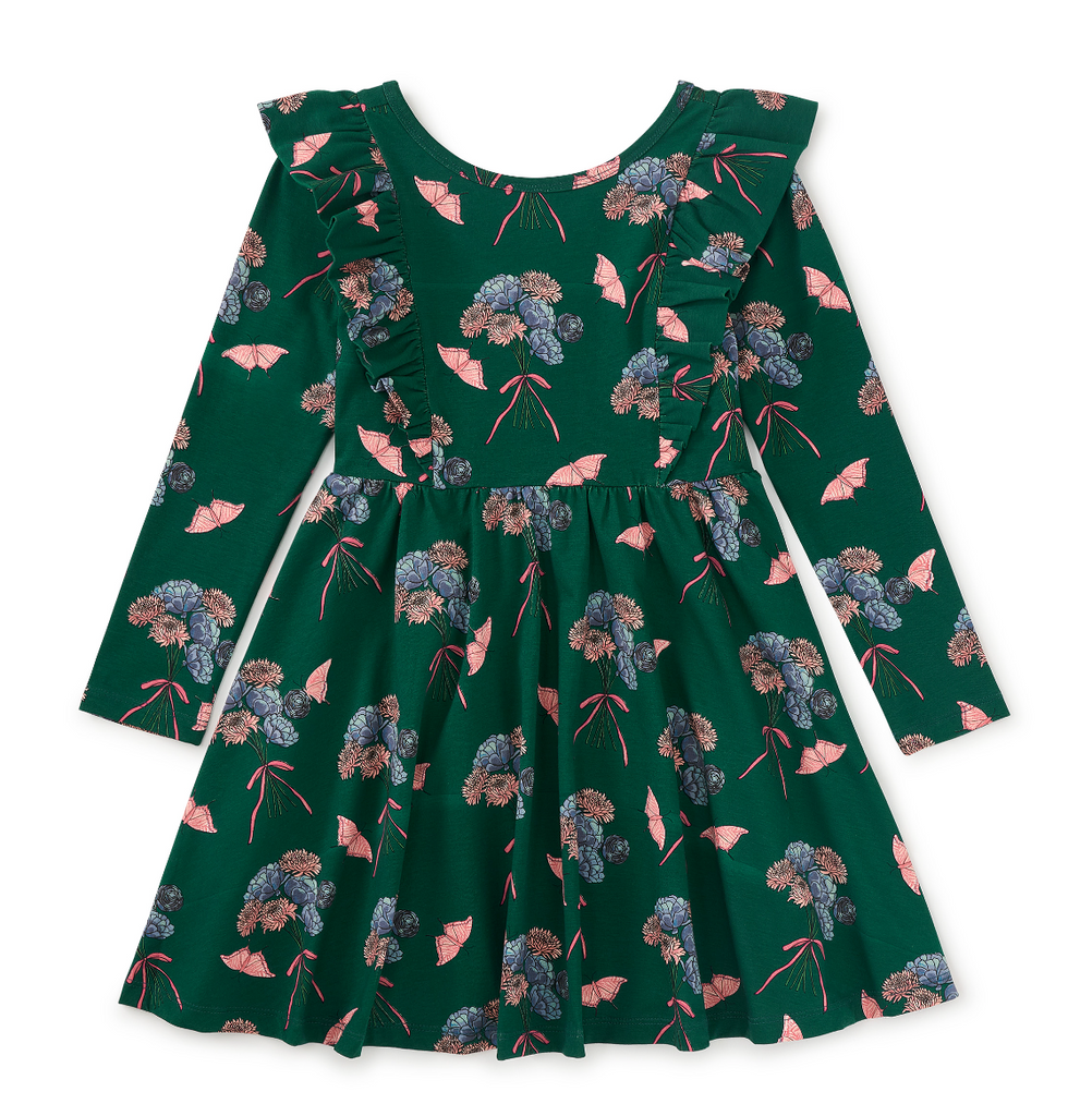 Ruffle Shoulder Ballet Dress - Floral & Butterfly Bouquet