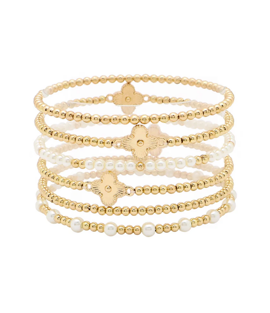 set of 6 gold and pearl clover bracelet set
