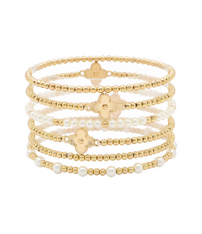 set of 6 gold and pearl clover bracelet set