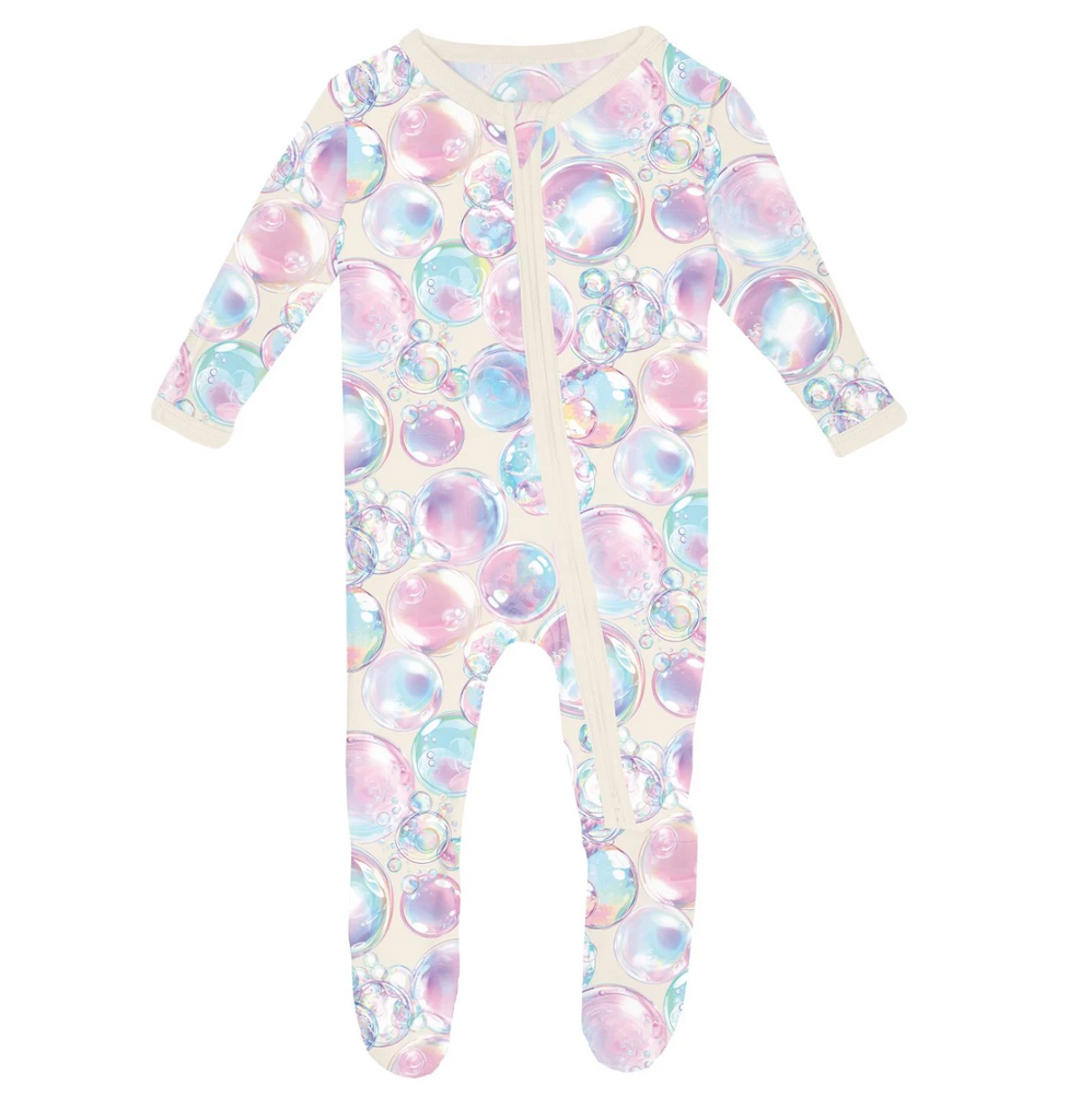 Print Layette Ruffle Footie with 2 Way Zipper - Natural Bubbles - K