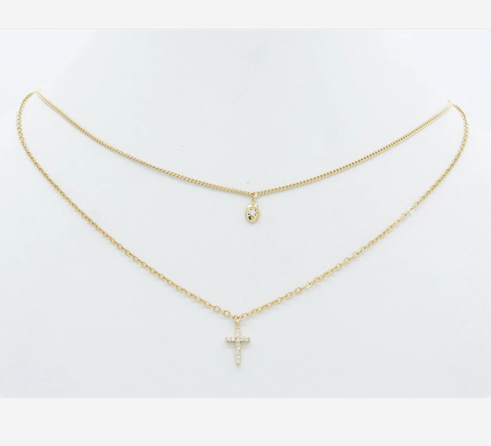 two layer rhinestone cross and gold chain necklace