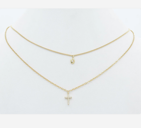 two layer rhinestone cross and gold chain necklace