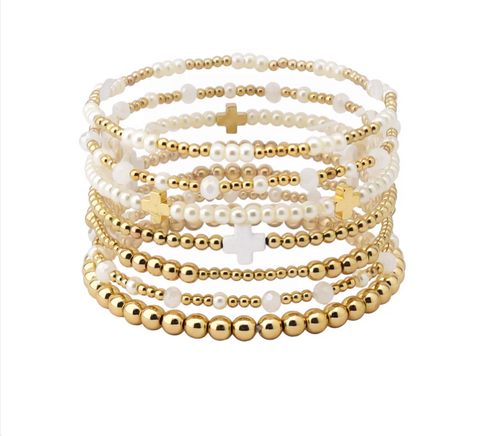 set of 7 stretch gold and white bracelets