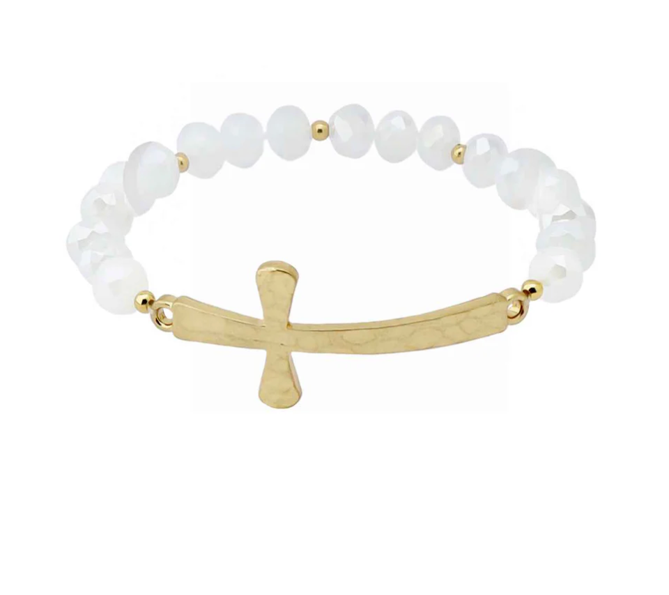 white crystal and gold cross stretch bracelet