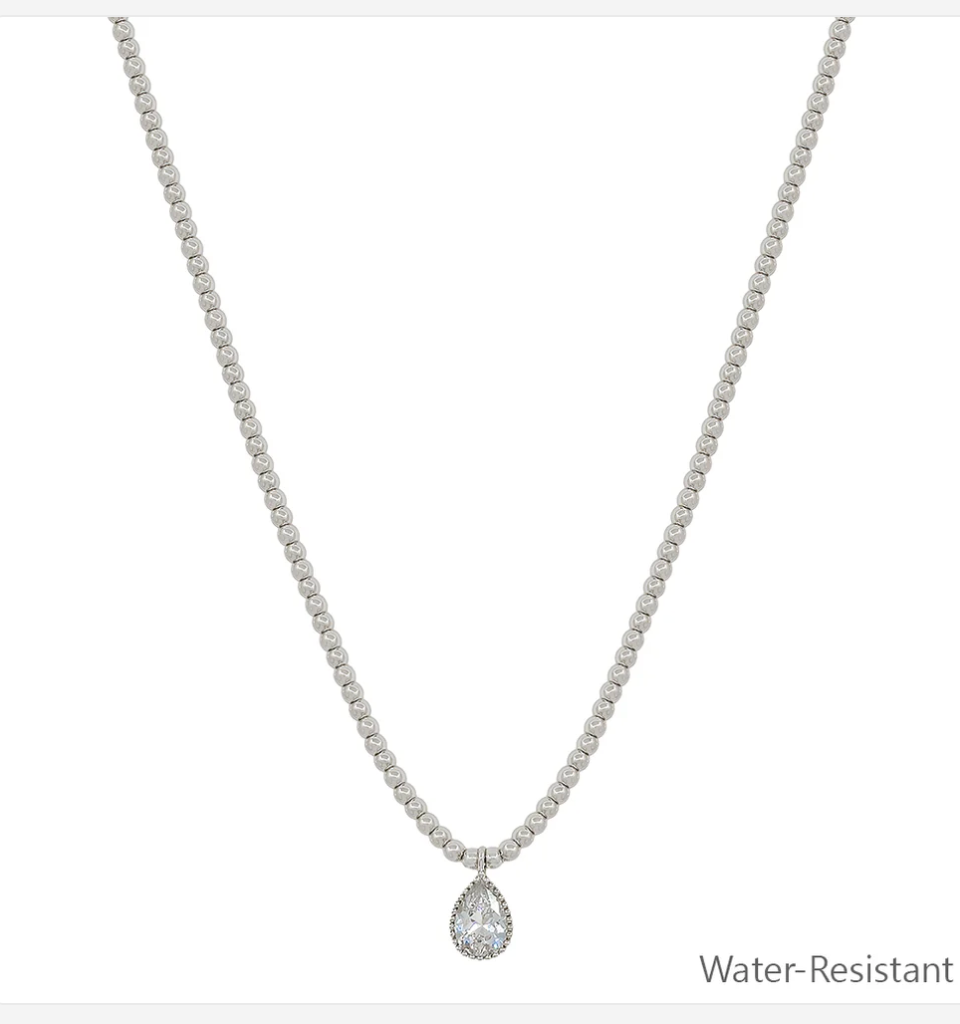 silver beaded chain with teardrop rhinestone necklace
