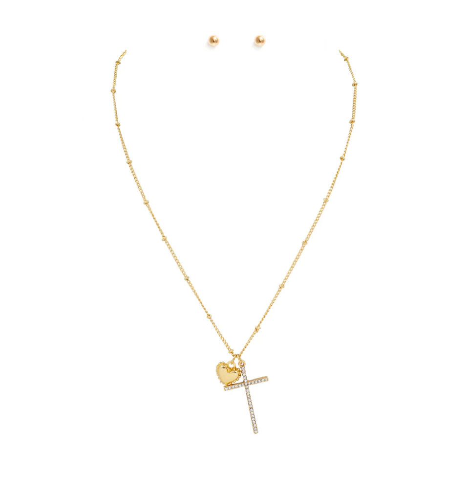 rhinestone cross and puffy heart necklace