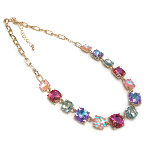 pastel multi squared glass crystal and gold chain