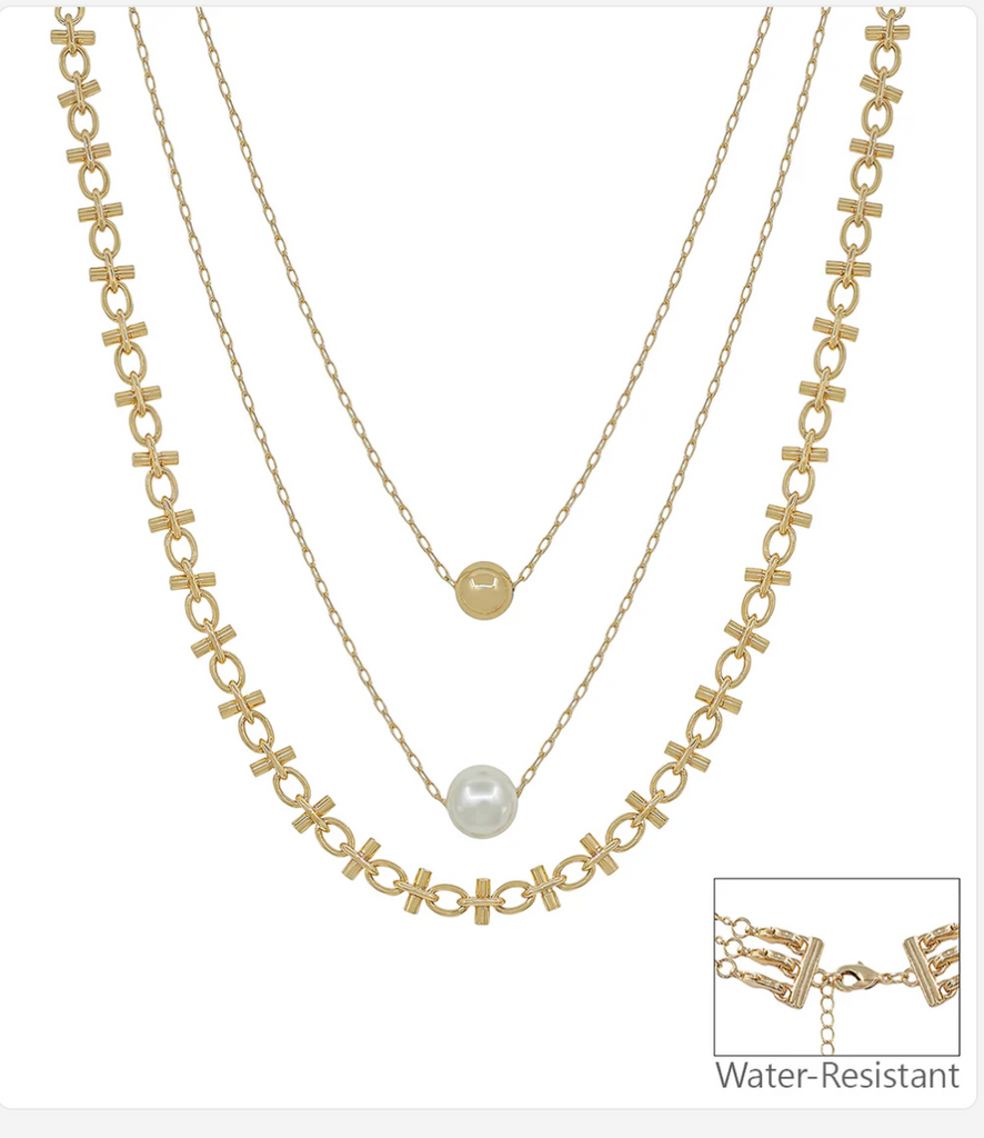 gold and pearl triple layer necklace