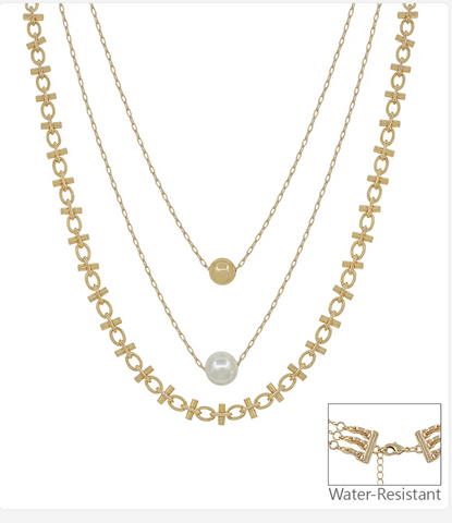 gold and pearl triple layer necklace