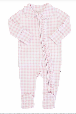 Peter Pan Collar Footie -  Light Pink Gingham