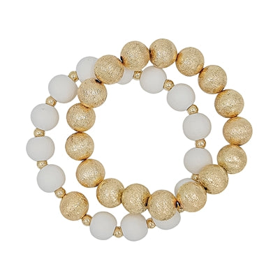 Gold Textured Beaded & White Wood Bracelets